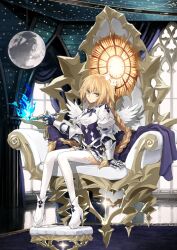 1girl angel_wings arm_support armchair armored_gloves blonde_hair blue_fire boots bow braid breasts chair closed_mouth covered_navel crown expressionless fate/grand_order fate_(series) feathered_wings fire footrest frilled_shorts frills full_body game_cg gloves hair_between_eyes hair_bow hand_up high_collar high_heel_boots high_heels holding jeanne_d&#039;arc_(fate) juliet_sleeves knees_together_feet_apart konoe_ototsugu long_hair long_sleeves looking_at_viewer low_twin_braids low_twintails metatron_jeanne_(fate) metatron_jeanne_(first_ascension)_(fate) mini_crown moon_(ornament) neck_ribbon object_request official_art platform_boots puffy_sleeves purple_bow purple_gloves purple_ribbon purple_shorts ribbon shirt short_shorts shorts sitting small_breasts solo stiletto_heels thighhighs third-party_source twin_braids twintails underbust variant_set very_long_hair white_boots white_shirt white_thighhighs white_wings wings yellow_eyes 