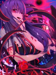 2girls armor artoria_pendragon_(fate) black_armor black_dress black_mask blonde_hair breasts chikuwa_(garakuta_waakusu) commentary_request corruption crazy_smile dark_sakura dress eye_mask fate/stay_night fate_(series) hair_ribbon hand_on_own_chin heaven&#039;s_feel highres large_breasts long_hair looking_at_viewer matou_sakura multiple_girls open_mouth purple_hair red_background red_eyes red_ribbon ribbon saber_alter shirt smile solo transformation white_shirt 