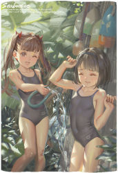 2girls :d ;d absurdres alphonse_(white_datura) arm_up black_hair black_hairband black_one-piece_swimsuit bow breasts brown_eyes brown_hair collarbone competition_school_swimsuit covered_navel day english_text hair_bow hairband highres hose loli multiple_girls covered_erect_nipples one-piece_swimsuit one_eye_closed open_mouth original outdoors red_bow revealing_clothes school_swimsuit short_hair small_breasts smile standing swimsuit tree twintails water wet rating:Sensitive score:224 user:danbooru