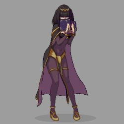  1girl animated animated_gif anklet ass_shake black_hair bodystocking book breasts bridal_gauntlets cape cleavage covered_navel covering_own_mouth female_focus fire_emblem fire_emblem_awakening full_body grey_background high_heels holding holding_book jewelry long_hair looking_at_viewer nintendo owen_lee pelvic_curtain pixel_art purple_eyes simple_background solo swaying tharja_(fire_emblem) thigh_strap thighlet tiara  rating:Sensitive score:115 user:danbooru