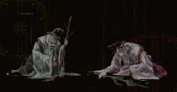  2girls artist_request bamboo black_background decaying_skin grey_hair hakama hat highres holding_bamboo_shoot horror_(theme) japanese_clothes kariginu long_sleeves medium_hair mononobe_no_futo multiple_girls on_floor open_mouth ribbon-trimmed_sleeves ribbon_trim rotting skeletal_arm skeletal_hand source_request tate_eboshi ten_desires touhou translation_request undead wide_sleeves 