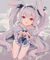1girl animal_ear_hairband animal_ears azur_lane blue_hairband blue_leotard blue_sleeve_cuffs blush bow breasts chinese_commentary collarbone crossed_bangs detached_collar fake_animal_ears from_above hair_between_eyes hair_ornament hairband heart heart_hands highleg highleg_leotard kneeling laffey_(azur_lane) laffey_ii_(azur_lane) laffey_ii_(sleepy_on_a_busy_day)_(azur_lane) leotard long_hair looking_at_viewer looking_up manatsuki_manata official_alternate_costume open_mouth pantyhose playboy_bunny rabbit_brooch rabbit_ears red_eyes small_breasts solo strapless strapless_leotard very_long_hair white_hair white_pantyhose wrist_cuffs rating:Sensitive score:22 user:danbooru