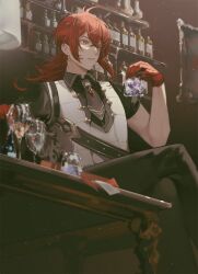  1boy antenna_hair black_necktie black_pants black_shirt blurry bottle commentary crossed_bangs crossed_legs cup depth_of_field diluc_(genshin_impact) drink drinking_glass from_side genshin_impact glint gloves hair_between_eyes hand_up highres holding holding_cup light_particles long_hair looking_ahead low_ponytail male_focus necktie pants parted_lips picture_frame ponytail red_brooch red_eyes red_gloves red_hair rocks_glass shelf shirt short_sleeves sitting solo symbol-only_commentary table to_e vest white_vest wine_glass  rating:General score:2 user:Gox