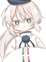  1girl :3 blush bright_pupils closed_mouth green_eyes grey_hair hands_in_opposite_sleeves hat highres japanese_clothes kariginu long_hair looking_at_viewer mokotan802 mononobe_no_futo pom_pom_(clothes) ponytail ribbon-trimmed_sleeves ribbon_trim simple_background solo touhou upper_body white_background white_pupils wide_sleeves  rating:General score:2 user:danbooru