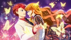  1boy 1girl beatrice_(umineko) black_necktie blonde_hair blue_eyes blunt_bangs bow bug butterfly choker collared_shirt couple dress dutch_angle eye_contact face-to-face formal_clothes frills from_side game_cg glowing_butterfly golden_butterfly hair_down hand_on_another&#039;s_waist highres higurashi_no_naku_koro_ni_mei holding_hands insect jacket lens_flare light_particles long_hair long_sleeves looking_at_another necktie non-web_source official_art open_mouth outdoors pink_bow red_hair red_shirt ribbon shirt short_hair smile sparkle standing teeth umineko_no_naku_koro_ni upper_teeth_only ushiromiya_battler very_long_hair wavy_hair white_jacket 