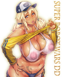  1girl baseball_cap bra breasts cleavage clothes_lift curvy dark-skinned_female dark_skin female_focus hand_on_own_hip hat highres huge_breasts large_breasts lifting_own_clothes lips looking_at_viewer low_twintails momofuki_rio nipples panties pink_eyes pubic_tattoo rinalia_kuo see-through_clothes shiny_skin shirt_lift sideboob simple_background skindentation solo super_robot_wars super_robot_wars_dd sweater sweater_lift tattoo thong twintails underboob underwear white_background wide_hips  rating:Questionable score:141 user:Marcerner