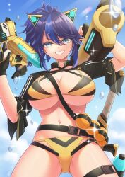  1girl ahoge animal_ears bikini black_hair blue_eyes blue_hair breasts cat_ears cleavage criss-cross_halter diagonal-striped_bikini diagonal-striped_clothes double_bikini fake_animal_ears gloves halterneck highres katana kson kson_(swimsuit) large_breasts long_hair looking_at_viewer mechanical_ears mole mole_under_eye multicolored_bikini multicolored_hair navel nekoyanagi_reo ponytail purple_hair sheath sheathed smile solo streaked_hair striped_clothes summer swimsuit sword two-tone_bikini virtual_youtuber vshojo weapon yellow_bikini 