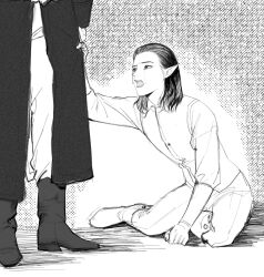  2boys aged_down baldur&#039;s_gate baldur&#039;s_gate_3 black_hair boots cazador_szarr crying dungeons_&_dragons dungeons_&amp;_dragons greyscale hair_slicked_back highres ichijo_(cyxxx123) male_focus monochrome multiple_boys open_mouth pointy_ears pulling_another&#039;s_clothes sitting tears vellioth 