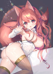  1girl aftersex amanagi_seiji animal_ears ass black_thighhighs breasts claw_pose comiket_106 commentary_request cum cum_in_pussy detached_sleeves dress fang fox_ears fox_tail gold_trim grey_background hair_between_eyes highres large_breasts long_hair looking_at_viewer nipples open_mouth original red_eyes red_hair sidelocks skin_fang tail thighhighs twisted_torso white_dress 
