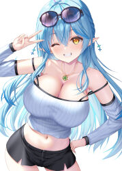  1girl ;d absurdres ahoge bare_shoulders black_shorts blue_hair breasts cleavage commentary_request contrapposto crop_top cropped_shirt crossed_bangs detached_sleeves double-parted_bangs eyewear_on_head grin hair_between_eyes hair_ornament hand_on_own_hip hand_up heart heart_ahoge highres hololive jewelry large_breasts long_hair long_sleeves midriff multicolored_hair navel necklace one_eye_closed open_mouth pointy_ears ribbed_shirt ribbed_sleeves shirt short_shorts shorts simple_background sleeveless sleeveless_shirt smile snowflake_hair_ornament solo strap_slip streaked_hair sunglasses uehiro v very_long_hair virtual_youtuber white_background white_shirt white_sleeves yellow_eyes yukihana_lamy 