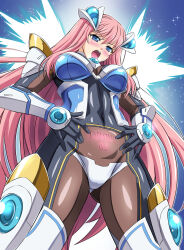  1girl armor asu_(hengaya) black_bodysuit black_gloves blue_eyes blush bodystocking bodysuit breasts covered_navel cowboy_shot divine_heart_makina energy_wings from_below gloves gluteal_fold hair_ornament hands_on_own_hips headgear highres impossible_bodysuit impossible_clothes kurusu_makina large_breasts long_hair looking_at_viewer looking_down magical_girl mecha_musume open_mouth pink_hair pubic_tattoo shiny_clothes shoulder_armor skin_tight solo standing tattoo variant_set very_long_hair wings 