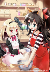  2girls apron balulu_alma black_hair black_ribbon blonde_hair blue_eyes cooking dark_feather_alma emil_chronicle_online hair_ribbon hairband haniwa_(near) kitchen logo long_hair maid_apron multiple_girls ponytail red_apron red_eyes red_ribbon ribbon shirt striped_clothes striped_shirt 