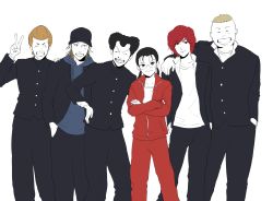  1girl 5boys absurdres afro arm_around_shoulder baseball_cap black_eyes black_hair black_pants brown_hair closed_eyes crossed_arms gakuran gokusen grin hands_in_pockets hat highres jacket kumari_teruo long_hair minami_youichi multiple_boys noda_takeshi open_mouth pants pekology red_hair red_jacket red_pants sawada_shin school_uniform simple_background smile standing teacher track_suit twintails uchiyama_haruhiko v white_background yamaguchi_kumiko 