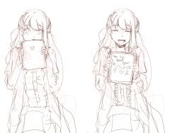  1girl :d bad_link drawfag dress greyscale highres long_hair looking_at_viewer monochrome multiple_views open_mouth rin_(shelter) shelter_(song) sketch smile 