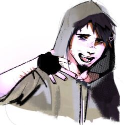  arm_up bags_under_eyes black_gloves black_hair commentary cry_of_fear fang fingerless_gloves gloves grey_hoodie heart hood hood_up hoodie multiple_scars open_mouth raccozan scar scar_on_arm self-harm short_hair simon_henriksson simple_background spread_fingers upper_body white_background wrist_cutting 
