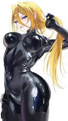  1girl absurdres alternate_color alternate_costume black_bodysuit blonde_hair blue_eyes blush bodysuit breasts closed_mouth covered_navel highres impossible_bodysuit impossible_clothes large_breasts long_hair looking_at_viewer metroid mole mole_under_mouth nintendo ponytail samus_aran simple_background skin_tight solo super_smash_bros. white_background yasaikakiage zero_suit 