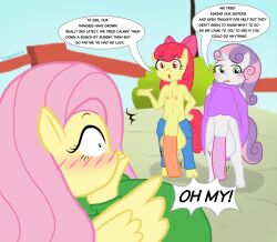 1girl 2futa age_difference animal_penis apple_bloom ass blue_eyes blush breasts clothes_grab colored_skin english_text fluttershy furry furry_female furry_with_furry futa_with_female futanari green_eyes horse_penis horse_tail huge_ass huge_breasts huge_penis huge_testicles loli multicolored_hair multiple_futa my_little_pony open_clothes orange_eyes penis pink_hair purple_skin red_hair size_difference speech_bubble surprised sweetie_belle tail testicles touhoufan veins veiny_penis yellow_skin