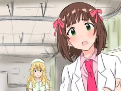  2girls amami_haruka blonde_hair blush bow brown_hair coat doctor green_eyes hair_bow hat highres hoshii_miki hospital idolmaster idolmaster_(classic) indoors infirmary lapels long_hair looking_at_viewer meme metal_gear_(series) metal_gear_solid_v:_the_phantom_pain multiple_girls multiple_hair_bows munbato_(watari_megumi) necktie nine_years_in_a_coma_(meme) notched_lapels nurse nurse_cap open_mouth parody pink_bow pink_necktie scene_reference short_hair white_coat 