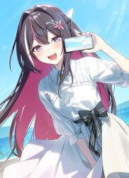  1girl :d absurdres akabino ascot azki_(4th_costume)_(hololive) azki_(hololive) black_hair blue_sky braid collared_dress colored_inner_hair commentary_request day double-parted_bangs dress hair_between_eyes hair_intakes hair_ornament hairclip half_up_half_down_braid highres holding holding_phone hololive long_hair looking_at_viewer mole mole_under_eye multicolored_hair open_mouth outdoors phone pink_hair purple_eyes sky smile solo streaked_hair three-quarter_sleeves very_long_hair virtual_youtuber white_ascot white_dress white_hair 