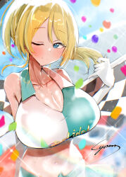  1girl ;) absurdres alternate_breast_size ayase_eli blonde_hair blue_eyes blush breasts checkered_flag cleavage closed_mouth clothes_writing collarbone commentary_request flag gloves highres huge_breasts long_hair looking_at_viewer love_live! love_live!_school_idol_festival love_live!_school_idol_festival_after_school_activity love_live!_school_idol_project navel one_eye_closed outdoors race_flag race_queen sidelocks signature smile solo split_mouth sterling_race_girl_(love_live!) stomach sweat syoma_(1026syoma) upper_body white_gloves 