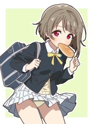  1girl asymmetrical_hair bag black_jacket bob_cut border bread breasts brown_hair clothes_lift collared_shirt commentary_request dress_shirt food food_in_mouth gluteal_fold green_background inverted_bob jacket late_for_school leaning_forward long_sleeves looking_at_viewer love_live! love_live!_nijigasaki_high_school_idol_club miniskirt mouth_hold mukiryoku_bato nakasu_kasumi neck_ribbon nijigasaki_school_uniform outline outside_border panties pantyshot partially_unbuttoned plaid_clothes plaid_skirt pleated_skirt red_eyes ribbon school_bag school_uniform shirt short_hair shoulder_bag simple_background single_hair_intake skirt skirt_lift small_breasts solo standing sweatdrop sweater textless_version underwear white_border white_outline white_shirt white_skirt wind wind_lift winter_uniform yellow_panties yellow_ribbon yellow_sweater  rating:Sensitive score:13 user:danbooru