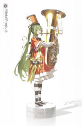  1girl absurdres band_uniform christmas commentary dress english_commentary full_body green_eyes green_hair hat hatsune_miku highres holding holding_instrument instrument kieed long_hair looking_at_viewer music pedestal playing_instrument red_dress red_hat ribbon shadow shako_cap sideways_glance solo standing striped_clothes striped_legwear striped_thighhighs tag thighhighs tuba twintails two-tone_legwear very_long_hair vocaloid white_background winder winding_key 