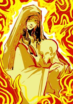  1boy 1girl aura black_hair elden_ring elden_ring:_shadow_of_the_erdtree emaciated highres l_merald looking_to_the_side midra_lord_of_frenzied_flame nanaya_(elden_ring) orange_robe rags robe shawl yellow_eyes yellow_robe yellow_shawl yellow_theme 