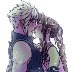  1boy 1girl aerith_gainsborough artist_name bare_shoulders black_gloves black_vest blonde_hair blush braid braided_ponytail bronzeyolk choker closed_eyes cloud_strife couple dress final_fantasy final_fantasy_vii final_fantasy_vii_advent_children final_fantasy_vii_rebirth final_fantasy_vii_remake gloves hair_ribbon half-closed_eyes hand_on_another&#039;s_chest hetero highres imminent_kiss long_hair parted_bangs pink_dress pink_ribbon popped_collar ribbon ribbon_choker sharp_teeth short_hair sidelocks single_bare_shoulder single_braid single_sleeve teeth upper_body vest white_background 