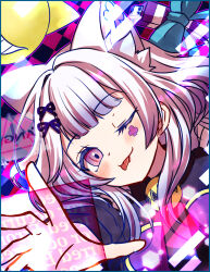  1girl animal_ear_fluff animal_ears bell blush bow cat_ears cat_girl duel_monster hair_intakes highres long_sleeves maliss_&lt;p&gt;_chessy_cat momobesaeka neck_bell one_eye_closed purple_eyes short_hair smile solo tail tail_bow tail_ornament tongue tongue_out white_hair yu-gi-oh! 