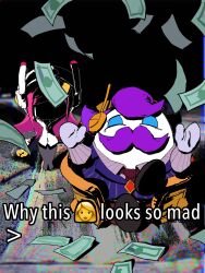  1boy 1girl blue_eyes clenched_hands facial_hair falling_money gloves grey_gloves hair_ornament hairclip hgmercury highres kirby:_planet_robobot kirby_(series) max_profitt_haltmann meme mustache nintendo pink_hair purple_hair rayman_limbs shaded_face susie_(kirby) why_dis_ninja_look_so_mad_(meme) yellow_gloves 