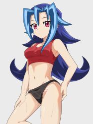  1girl bare_shoulders black_panties blue_hair bra breasts commission cowboy_shot grey_background kamishiro_rio kura_(xxcracy) medium_breasts panties purple_eyes red_bra simple_background skeb_commission solo underwear yu-gi-oh! yu-gi-oh!_zexal 