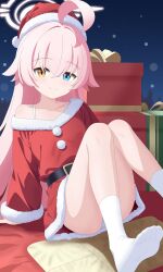  1girl absurdres ahoge alternate_costume belt black_belt blue_archive blue_eyes blush box christmas closed_mouth collarbone commentary convenient_leg crat2222 dress feet foot_out_of_frame fur-trimmed_dress fur-trimmed_headwear fur_trim gift gift_box hair_between_eyes hair_intakes halo happy hat heterochromia highres hoshino_(blue_archive) huge_ahoge knees_together_feet_apart knees_up legs loli long_hair looking_at_viewer night night_sky no_shoes outdoors panties pink_hair pink_halo pom_pom_(clothes) red_dress red_hat santa_costume santa_dress santa_hat single_bare_shoulder sitting sky smile socks soles solo split_mouth straight_hair thighs toes tsurime underwear very_long_hair white_panties white_socks yellow_eyes 