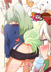2girls ass back blue_jacket bon_(rump) bottle bow butt_crack check_translation chibi chibi_inset commission cowboy_shot drinking ex-keine fujiwara_no_mokou green_hair gym_uniform hair_bow highres holding holding_bottle horns jacket kamishirasawa_keine looking_at_another multiple_girls panties panty_peek partially_translated shorts shy skeb_commission surprised tail touhou translation_request underwear white_hair rating:Questionable score:34 user:danbooru