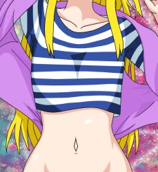  blonde_hair digimon digimon_frontier green_eyes hat head_out_of_frame highres jacket long_hair midriff navel orimoto_izumi stomach  rating:Questionable score:11 user:Chaos11