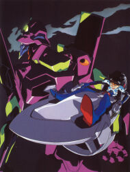  1boy absurdres angry black_background bodysuit brown_hair cockpit entry_plug eva_01 evangelion_(mecha) glowing glowing_eye highres horns ikari_shinji imaishi_hiroyuki interface_headset_(evangelion) male_focus mecha mecha_pilot_suit multicolored_bodysuit neon_genesis_evangelion night official_art open_mouth piloting plugsuit_(evangelion) robot scan science_fiction short_hair single_horn sitting smoke 