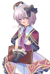  1girl artist_name black_gloves black_hat book buch_alma capelet dress emil_chronicle_online frilled_capelet frilled_dress frills gloves grey_hair hair_ribbon hat highres holding holding_book long_necktie necktie open_mouth pink_eyes purple_dress purple_necktie red_capelet ribbon standing tamak_rui white_background 