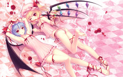  2girls ankle_lace-up arms_up bad_id bad_pixiv_id barefoot blonde_hair checkered_floor feet female_focus flandre_scarlet flat_chest floor flower highres light_purple_hair lying multiple_girls nightgown on_back one_eye_closed panties petals red_eyes remilia_scarlet ribbon rose sayori_(neko_works) short_hair siblings side_ponytail sisters striped_clothes striped_panties tongue touhou underwear wings wink  rating:Questionable score:53 user:danbooru