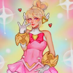  blonde_hair bow dress gloves hair_bun heart_hair_bun highres juno_(overwatch) magical_girl overwatch pink_bow pink_dress purple_eyes sleeveless sleeveless_dress star_on_cheek v valentilinaaa white_gloves 