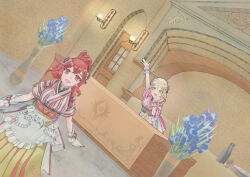  2girls anna_(fire_emblem) blonde_hair door fire_emblem fire_emblem_engage framme_(fire_emblem) highres indoors japanese_clothes looking_at_viewer multiple_girls nintendo open_mouth red_eyes red_hair toki_(xxxxxmoe1983oct) yellow_eyes 