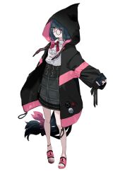  1girl anklet bad_source bare_legs barefoot black_hair blunt_bangs book frills full_body glasses hand_in_pocket hand_up high-waist_skirt highres holding holding_book hood hood_up hoodie jewelry long_hair low-tied_long_hair monark neck_ribbon official_art pigeon-toed pink_eyes pocketbook ribbon round_eyewear sandals sideways_glance simple_background skirt sleeves_past_fingers sleeves_past_wrists slides so-bin standing strap surugadai_kokoro transparent_background very_long_hair 