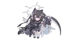  1girl angel_wings animal_ears ascot asymmetrical_legwear black_ascot black_hair black_shawl black_shoes bow bowtie cat_ears cat_girl cat_tail checkered_ascot chibi collar collared_dress crossed_bangs detached_collar dorainatto dress earrings floral_print flower flower_earrings frilled_dress frilled_footwear frills grey_halo grey_wings hair_between_eyes hair_bow hair_flower hair_ornament halo happy holding holding_scythe jewelry lace lace-trimmed_dress lace_trim layered_dress long_hair long_sleeves looking_at_viewer off-shoulder_dress off_shoulder one_side_up original over-kneehighs pocket_watch puffy_long_sleeves puffy_sleeves purple_bow purple_bowtie purple_dress purple_eyes purple_flower purple_rose rose scythe shawl shoes short_dress simple_background single_over-kneehigh single_thighhigh socks solo spiked_halo standing tail tareme thighhighs very_long_hair watch white_background white_bow white_collar white_dress white_socks white_thighhighs wings 