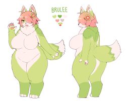  1girl ahoge animal_ears animal_feet animal_hands breasts brulee_(lemon-creme_studios) character_name completely_nude digitigrade dog_ears dog_girl dog_tail furry furry_female green_fur hair_over_one_eye highres huge_breasts lemoncremestudios multiple_views no_nipples no_pussy nude original pink_hair plump reference_sheet short_hair simple_background standing tail white_background wide_hips 