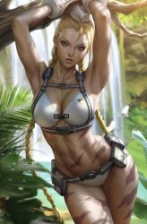  1girl alternate_color alternate_costume arms_up artist_request belt bikini blonde_hair braid breasts cammy_white day gloves hands_out_of_frame jungle large_breasts leaf nature navel pocket scar scar_on_face street_fighter swimsuit tree udon_entertainment water white_bikini 