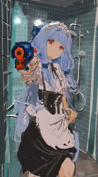 1girl absurdres aiming aiming_at_viewer alternate_costume apron bathroom black_skirt blue_hair blue_ribbon blunt_bangs center_frills closed_mouth commentary corset dot_mouth enmaided frills gun hair_intakes hair_ribbon highres holding holding_gun holding_weapon indoors kabuyama_kaigi kotonoha_aoi long_hair looking_at_viewer low-tied_sidelocks maid maid_apron maid_headdress nerf_gun outstretched_arm puffy_short_sleeves puffy_sleeves raised_eyebrows red_eyes ribbon shirt short_sleeves shower_head sidelocks skirt skirt_hold solo tile_wall tiles very_long_hair voiceroid waist_apron weapon white_apron white_shirt rating:General score:4 user:danbooru