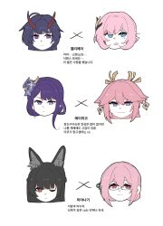  6+girls animal_ears black_hair closed_mouth color_connection commentary_request company_connection earrings elf elysia_(honkai_impact) elysia_(miss_pink_elf)_(honkai_impact) flower fox_ears fox_girl genshin_impact glasses hair_color_connection hair_flower hair_ornament head_only highres honkai_(series) honkai_impact_3rd horns hoshimi_miyabi jewelry korean_commentary multiple_girls ogenwn7 one_eye_closed open_mouth pink_eyes pink_hair pointy_ears purple_eyes purple_hair raiden_mei raiden_mei_(herrscher_of_thunder) raiden_shogun red_eyes red_horns sawashiro_miyuki smile translation_request tsukishiro_yanagi voice_actor_connection white_background yae_miko yuri zenless_zone_zero 