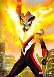  1boy absurdres alien arm_guards arm_up armor aura black_skin blue_sky breastplate building city cityscape clenched_hand color_timer colored_skin commentary company_name compound_eyes copyright_notice cowboy_shot crest crystal dorsal_fin emphasis_lines energy facial_mark feelone fiery_aura fire glowing glowing_eyes gradient_eyes highres legs_apart light_particles looking_ahead male_focus multicolored_eyes multicolored_skin outdoors pectorals powering_up red_skin shoulder_armor shoulder_pads silver_skin sky skyscraper solo standing tokusatsu toned toned_male ultra_series ultraman_ginga_(series) ultraman_ginga_s ultraman_victory white_eyes wrinkled_skin yellow_eyes 