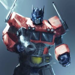 aiming aiming_at_viewer autobot beam_rifle blue_eyes commentary concept_art danielmchavez emblem energy_cannon energy_gun english_commentary glint glowing glowing_eyes gun mecha no_pupils optimus_prime robot science_fiction signature sketch smoke smoking_barrel transformers transformers:_generation_1 upper_body weapon rating:General score:1 user:danbooru