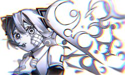  1girl aqua_hair bandaid bandaid_on_hand bare_shoulders crescent detached_sleeves gauze gauze_on_cheek glitch greyscale hair_between_eyes hair_ornament hands_on_own_chest hatsune_miku headset highres long_hair looking_at_viewer monochrome necktie nikuta parted_lips rolling_girl_(vocaloid) shirt shoulder_tattoo simple_background solo tattoo tearing_up twintails very_long_hair vocaloid white_background 