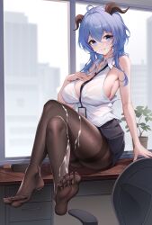 1girl absurdres ahoge arm_support black_pantyhose blue_hair blush breasts chair cleavage cum cum_on_body cum_on_legs cum_on_legwear desk facial feet ganyu_(genshin_impact) genshin_impact hand_on_own_chest heart heart-shaped_pupils highres horns id_card indoors knees_up large_breasts light_smile long_hair looking_at_viewer negi_kome office office_lady on_desk pantyhose plant potted_plant purple_eyes shirt sideboob sidelocks sitting on_desk soles solo symbol-shaped_pupils thighband_pantyhose thighs toes wet wet_clothes white_shirt window rating:Explicit score:80 user:danbooru