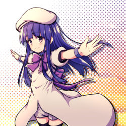 1girl :3 back_bow beret black_thighhighs blue_hair blunt_bangs bow bowtie closed_mouth commentary_request cosplay dress furude_rika halftone halftone_background hat hazumi_otoya highres higurashi_no_naku_koro_ni hime_cut light_blush long_hair looking_at_viewer outstretched_arms puffy_short_sleeves puffy_sleeves purple_bow purple_bowtie purple_eyes ryuuguu_rena ryuuguu_rena_(cosplay) short_sleeves sidelocks smile solo split_mouth spread_arms standing t-pose thighhighs white_background white_dress white_hat wristband yellow_background rating:Sensitive score:8 user:danbooru